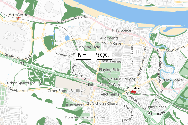 NE11 9QG map - small scale - OS Open Zoomstack (Ordnance Survey)