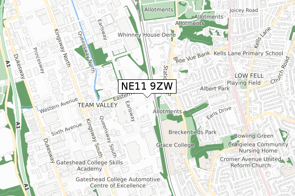 NE11 9ZW map - small scale - OS Open Zoomstack (Ordnance Survey)