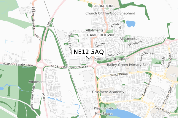 NE12 5AQ map - small scale - OS Open Zoomstack (Ordnance Survey)