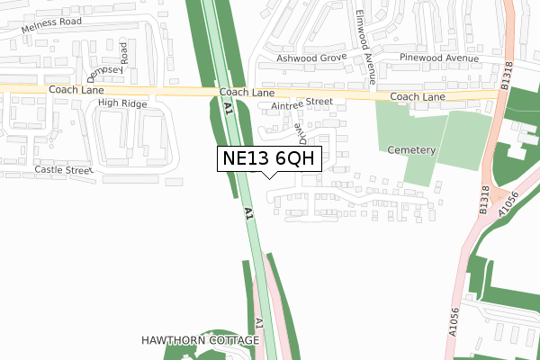 NE13 6QH map - large scale - OS Open Zoomstack (Ordnance Survey)