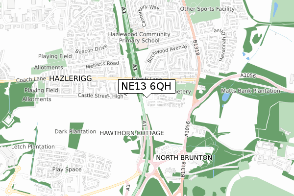 NE13 6QH map - small scale - OS Open Zoomstack (Ordnance Survey)