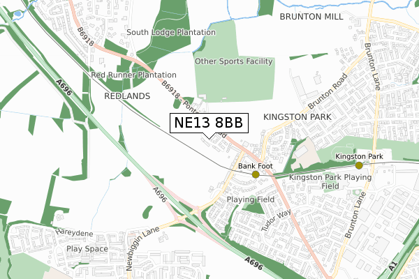 NE13 8BB map - small scale - OS Open Zoomstack (Ordnance Survey)