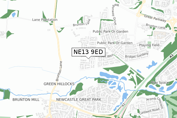 NE13 9ED map - small scale - OS Open Zoomstack (Ordnance Survey)