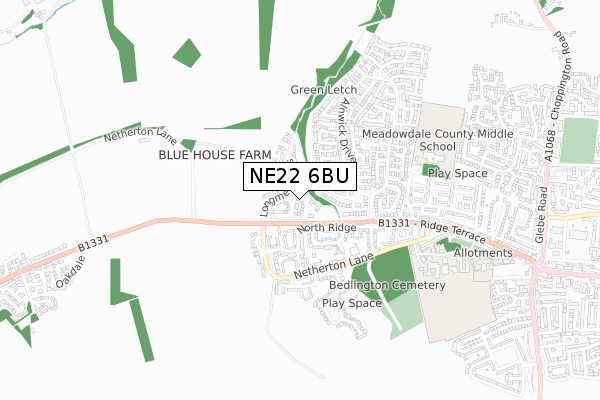 NE22 6BU map - small scale - OS Open Zoomstack (Ordnance Survey)