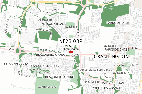 NE23 0BP map - small scale - OS Open Zoomstack (Ordnance Survey)