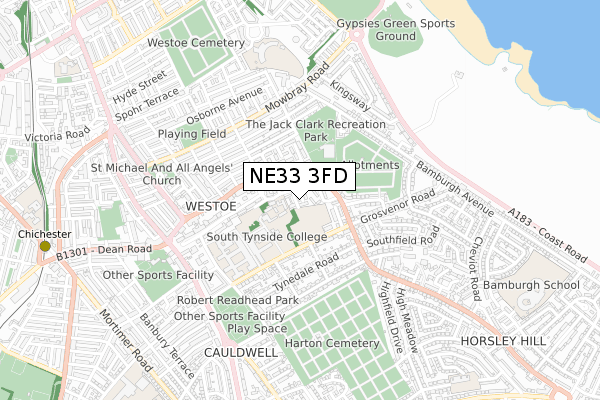 NE33 3FD map - small scale - OS Open Zoomstack (Ordnance Survey)