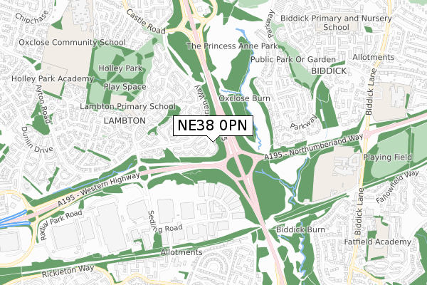 NE38 0PN map - small scale - OS Open Zoomstack (Ordnance Survey)