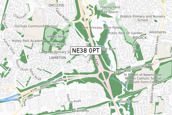 NE38 0PT map - small scale - OS Open Zoomstack (Ordnance Survey)