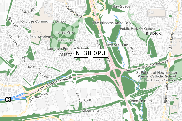 NE38 0PU map - small scale - OS Open Zoomstack (Ordnance Survey)