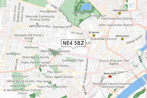 NE4 5BZ map - small scale - OS Open Zoomstack (Ordnance Survey)