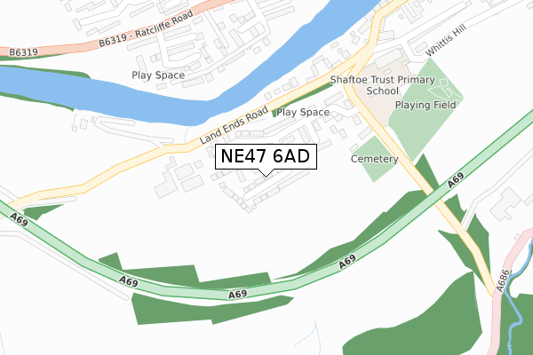 NE47 6AD map - large scale - OS Open Zoomstack (Ordnance Survey)