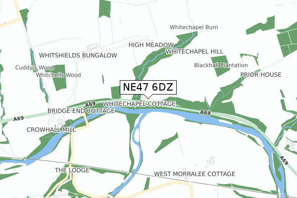 NE47 6DZ map - small scale - OS Open Zoomstack (Ordnance Survey)