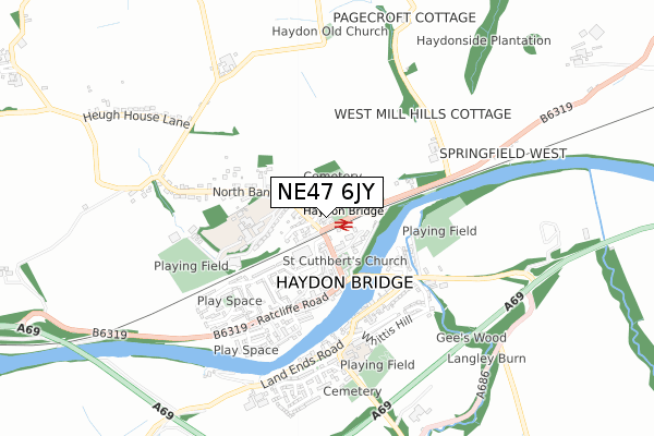 NE47 6JY map - small scale - OS Open Zoomstack (Ordnance Survey)