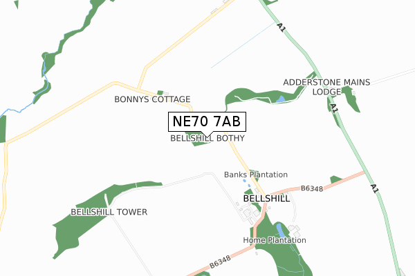 NE70 7AB map - small scale - OS Open Zoomstack (Ordnance Survey)