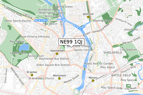 NE99 1QJ map - small scale - OS Open Zoomstack (Ordnance Survey)