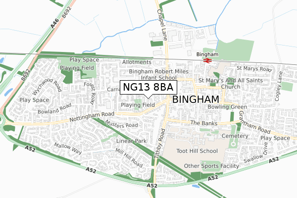 NG13 8BA map - small scale - OS Open Zoomstack (Ordnance Survey)