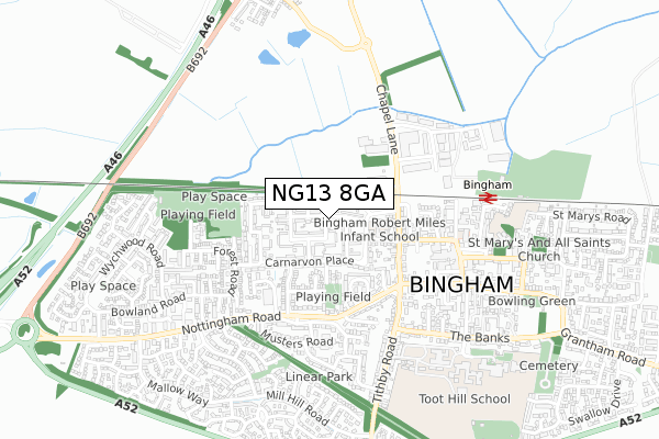 NG13 8GA map - small scale - OS Open Zoomstack (Ordnance Survey)