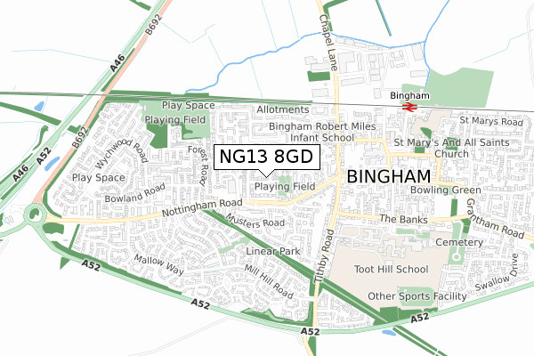 NG13 8GD map - small scale - OS Open Zoomstack (Ordnance Survey)