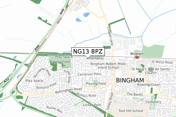 NG13 8PZ map - small scale - OS Open Zoomstack (Ordnance Survey)