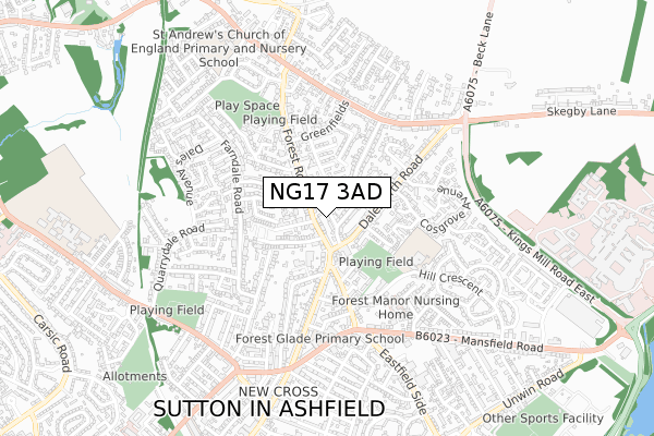 NG17 3AD map - small scale - OS Open Zoomstack (Ordnance Survey)