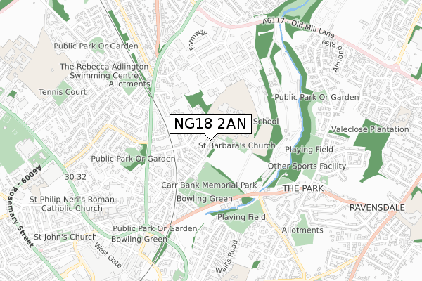 NG18 2AN map - small scale - OS Open Zoomstack (Ordnance Survey)