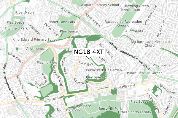 NG18 4XT map - small scale - OS Open Zoomstack (Ordnance Survey)