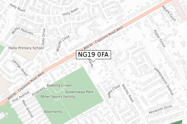 NG19 0FA map - large scale - OS Open Zoomstack (Ordnance Survey)