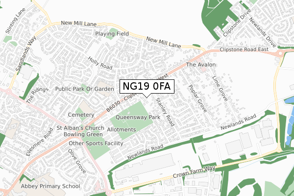 NG19 0FA map - small scale - OS Open Zoomstack (Ordnance Survey)