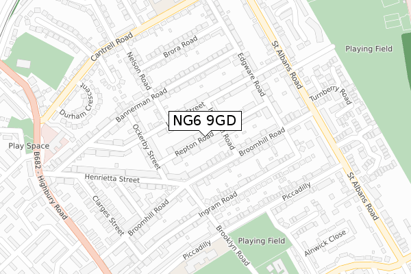 NG6 9GD map - large scale - OS Open Zoomstack (Ordnance Survey)