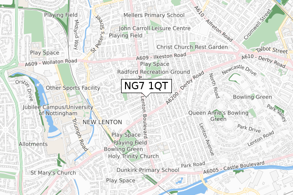 NG7 1QT map - small scale - OS Open Zoomstack (Ordnance Survey)