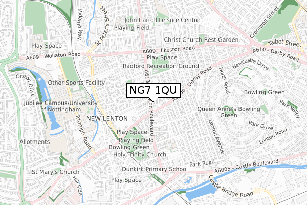 NG7 1QU map - small scale - OS Open Zoomstack (Ordnance Survey)