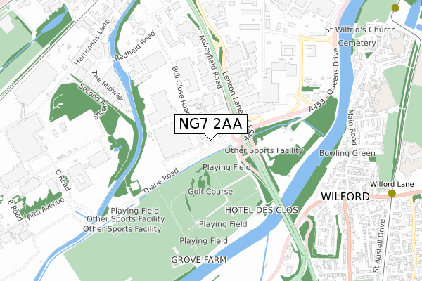 NG7 2AA map - small scale - OS Open Zoomstack (Ordnance Survey)