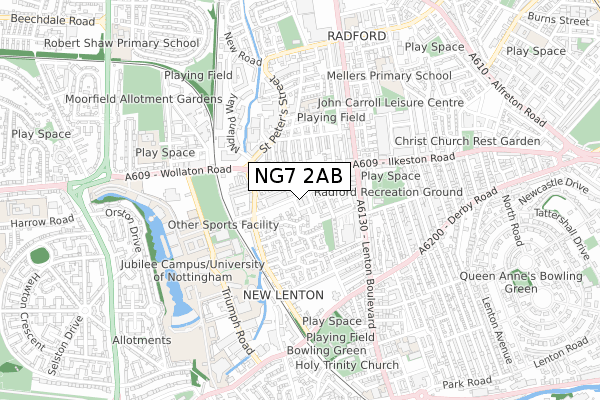 NG7 2AB map - small scale - OS Open Zoomstack (Ordnance Survey)