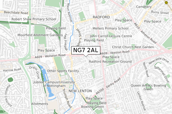 NG7 2AL map - small scale - OS Open Zoomstack (Ordnance Survey)