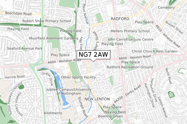 NG7 2AW map - small scale - OS Open Zoomstack (Ordnance Survey)