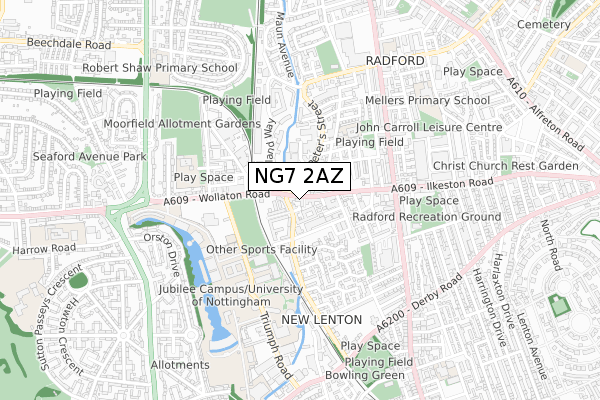 NG7 2AZ map - small scale - OS Open Zoomstack (Ordnance Survey)