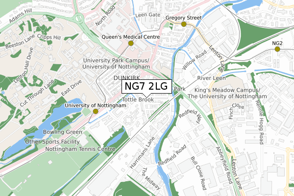 NG7 2LG map - small scale - OS Open Zoomstack (Ordnance Survey)