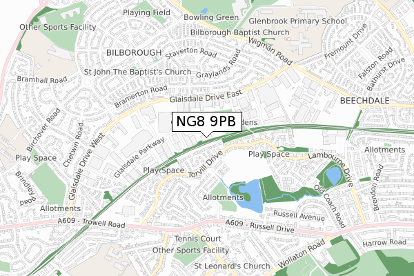 NG8 9PB map - small scale - OS Open Zoomstack (Ordnance Survey)