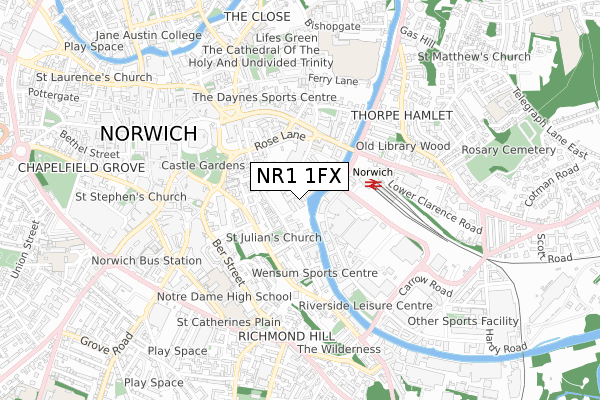 NR1 1FX map - small scale - OS Open Zoomstack (Ordnance Survey)