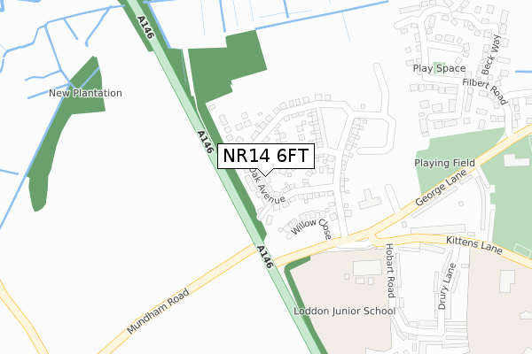 NR14 6FT map - large scale - OS Open Zoomstack (Ordnance Survey)