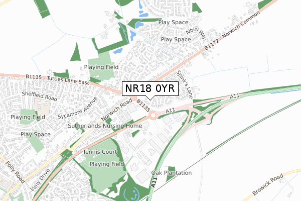 NR18 0YR map - small scale - OS Open Zoomstack (Ordnance Survey)