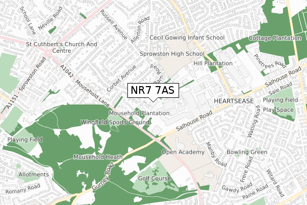 NR7 7AS map - small scale - OS Open Zoomstack (Ordnance Survey)