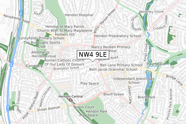 NW4 9LE map - small scale - OS Open Zoomstack (Ordnance Survey)