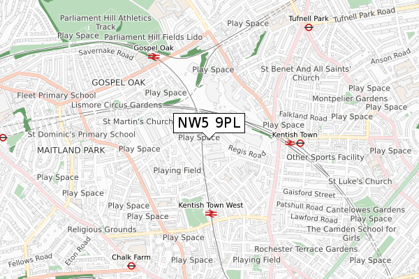 NW5 9PL map - small scale - OS Open Zoomstack (Ordnance Survey)