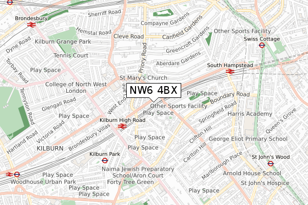 NW6 4BX map - small scale - OS Open Zoomstack (Ordnance Survey)