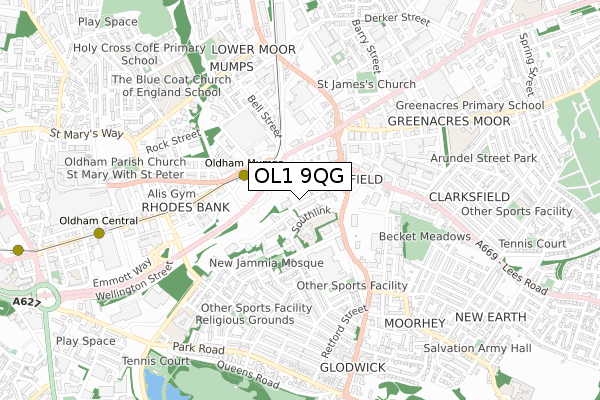 OL1 9QG map - small scale - OS Open Zoomstack (Ordnance Survey)