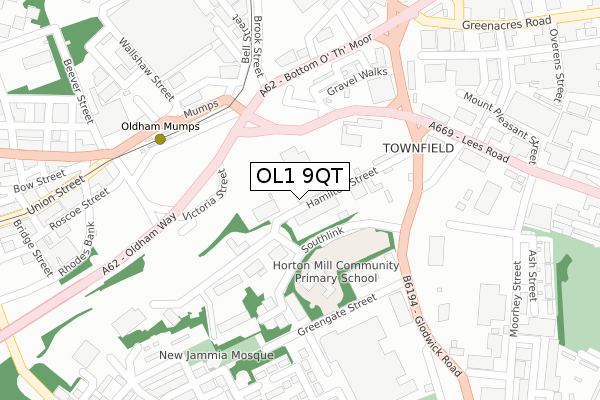 OL1 9QT map - large scale - OS Open Zoomstack (Ordnance Survey)