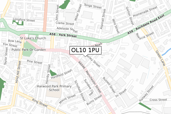 OL10 1PU map - large scale - OS Open Zoomstack (Ordnance Survey)