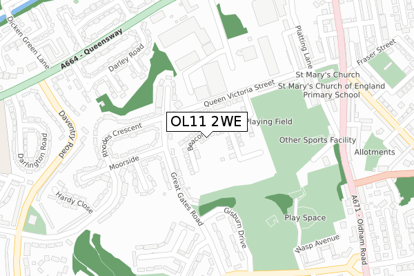 OL11 2WE map - large scale - OS Open Zoomstack (Ordnance Survey)