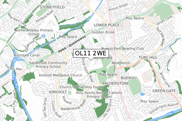 OL11 2WE map - small scale - OS Open Zoomstack (Ordnance Survey)